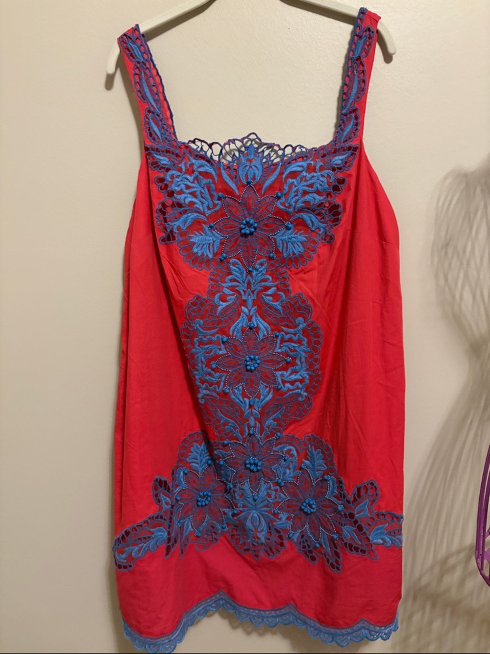 Anthropologie Coral Pink Dress with Blue Floral Embroidery NWTs